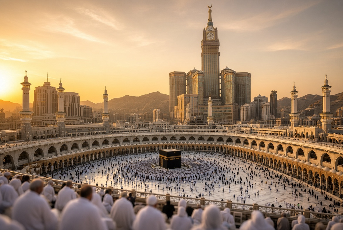 The Kaaba in Mecca surrounded by pilgrims